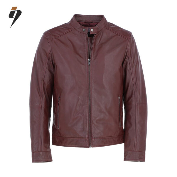 Burgundy Leather Biker Jacket with Mandarin Collar