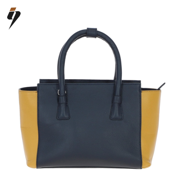 Two-Tone Mustard & Navy Leather Tote Bag with Detachable Strap for Women
