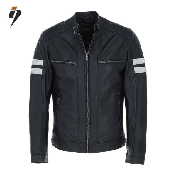 AWM-NOVA – Black Leather Biker Jacket with Contrasting Stripe